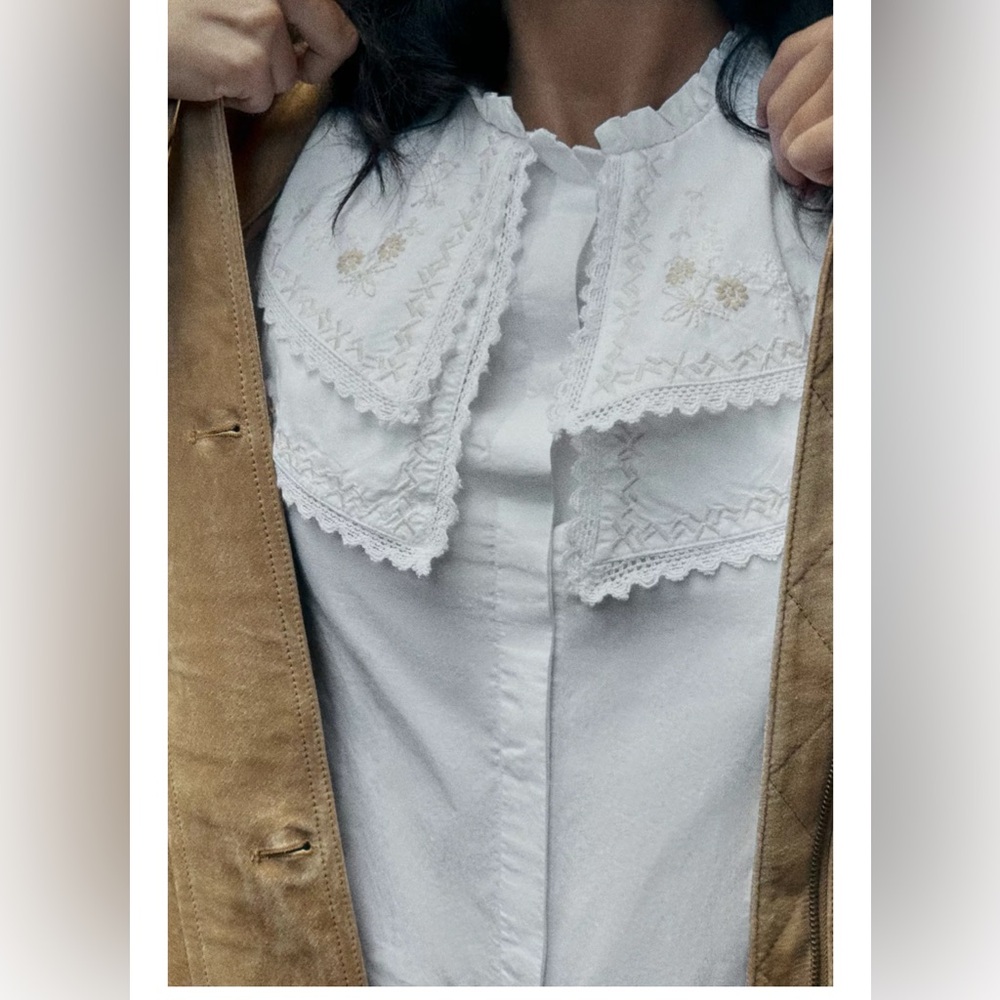 Zara Embroidered Peter Pan Collar Poplin Blouse Shirt - NWT - Picture 3 of 9